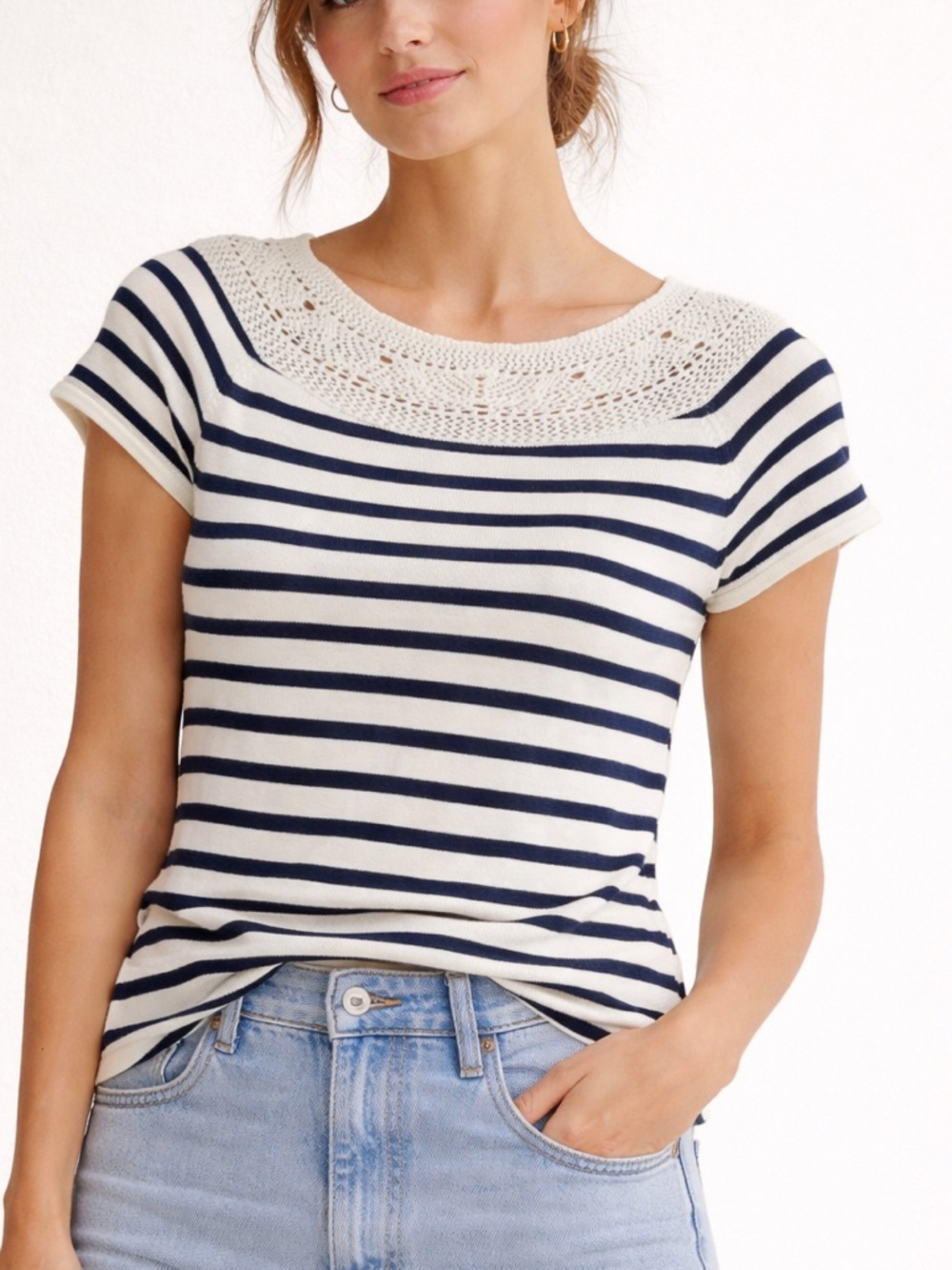Coastal Petite Navy White Striped Crochet Yoke Knit Top P/LG Cotton Nautical